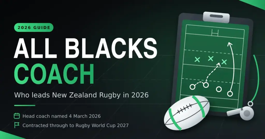 Graphic for a guide to the All Blacks coach in 2026, showing a rugby tactics board, a white rugby ball and a coach's whistle next to the headline and key appointment facts.