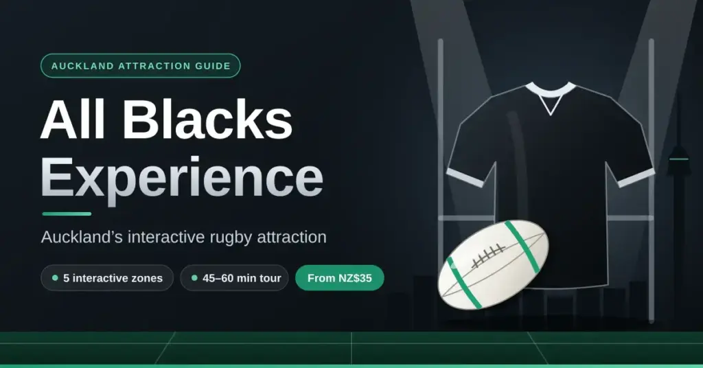 Featured graphic for an All Blacks Experience guide showing a plain black rugby jersey and a rugby ball in front of goal posts and the Auckland skyline with the Sky Tower, alongside the text "All Blacks Experience – Auckland's interactive rugby attraction", "5 interactive zones", "45–60 min tour" and "From NZ$35".
