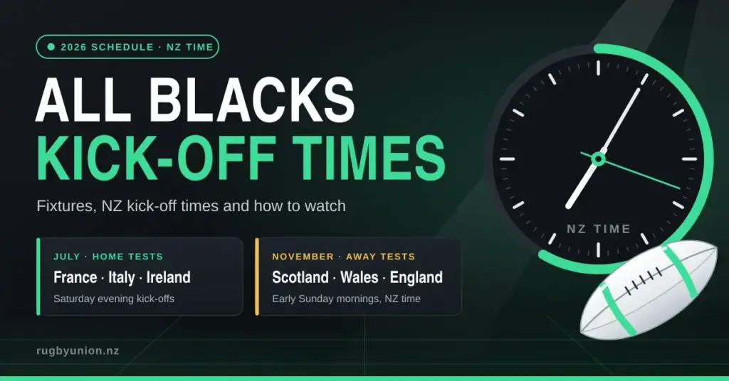 Graphic titled "All Blacks Kick-Off Times" showing a clock set to NZ time, a rugby ball and the 2026 Test fixtures: home Tests against France, Italy and Ireland in July, and away Tests against Scotland, Wales and England in November.