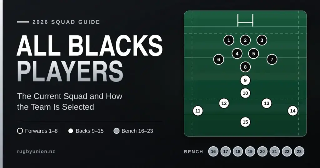 Graphic of a rugby pitch showing the All Blacks' starting positions numbered 1 to 15 and a bench of 16 to 23, next to the title 'All Blacks Players: The Current Squad and How the Team Is Selected'.