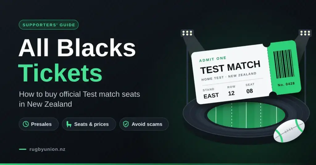 Illustrated featured image for a guide to buying All Blacks tickets, showing a Test match ticket above a floodlit rugby stadium beside the headline "All Blacks Tickets" and tips on presales, seats and prices, and avoiding scams.