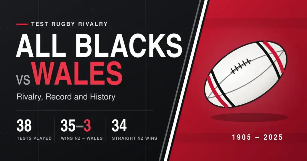 Split black and red graphic with a rugby ball and the headline All Blacks vs Wales: Rivalry, Record and History, showing 38 Tests played, a 35–3 win record to New Zealand and 34 straight All Blacks wins across 1905–2025.