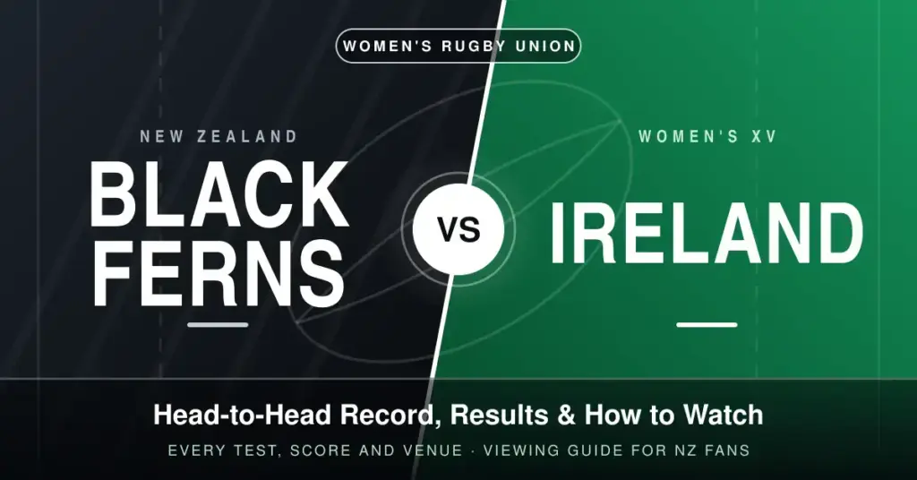 Split black and green graphic with the words Black Ferns vs Ireland either side of a central VS badge, above a banner reading Head-to-Head Record, Results & How to Watch.