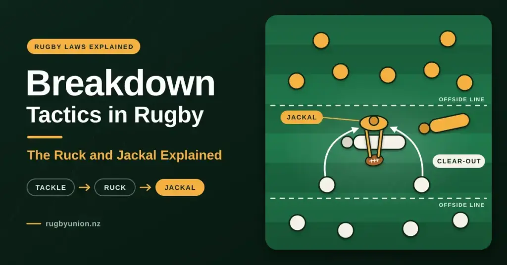 Graphic titled "Breakdown Tactics in Rugby: The Ruck and Jackal Explained" with a top-down tactics diagram of a rugby breakdown, showing a defending jackal reaching over a tackled player for the ball while two attacking support players come in to clear them out, with dashed offside lines behind each side.
