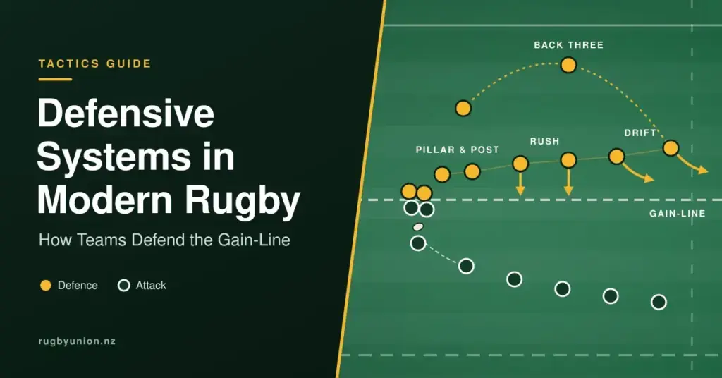 Rugby tactics diagram on a green pitch showing a gold defensive line moving up to the dashed gain-line, with pillar-and-post defenders beside the ruck, rush and drift arrows, and a back-three pendulum, next to the title 'Defensive Systems in Modern Rugby'.
