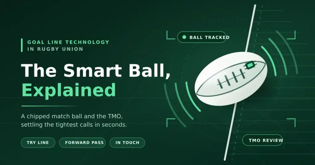 Illustration of a white rugby ball with an embedded electronic chip transmitting tracking signals as it crosses a marked try line, beside the heading "Goal line technology in rugby union: The Smart Ball, Explained".