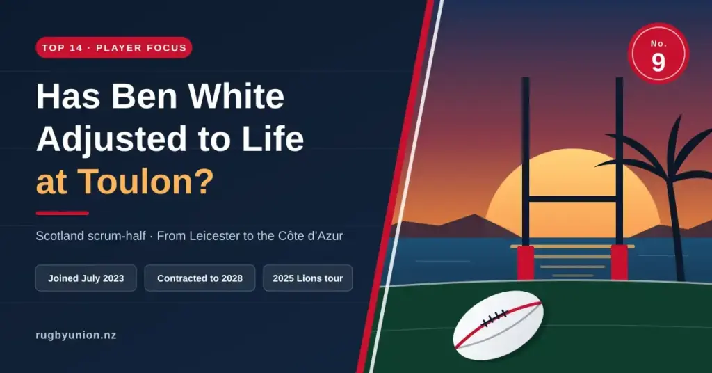 Illustrated featured graphic with the headline “Has Ben White Adjusted to Life at Toulon?” beside rugby posts, a rugby ball and a palm tree silhouetted against a Mediterranean sunset, with a No. 9 badge and fact tags reading Joined July 2023, Contracted to 2028 and 2025 Lions tour.