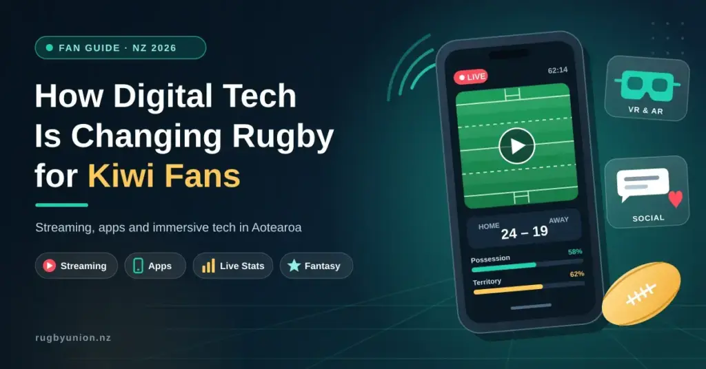 Illustration of a smartphone streaming a live rugby match with scores and stats, surrounded by VR, social media and rugby ball icons, beside the headline "How Digital Tech Is Changing Rugby for Kiwi Fans".