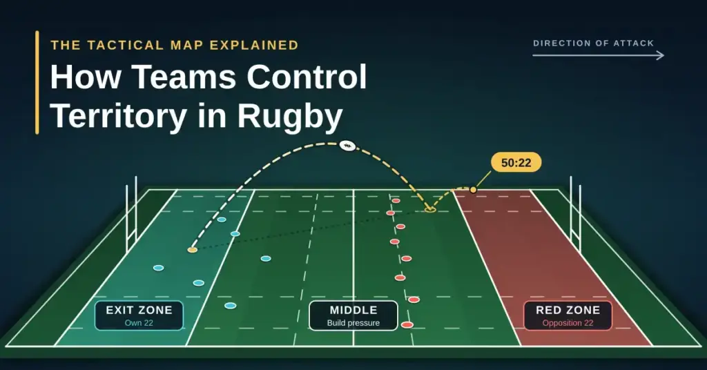 Tactical map graphic of a rugby pitch showing the exit zone, middle and red zone, with a 50:22 kick arcing from a team's own 22 into touch inside the opposition 22, under the headline How Teams Control Territory in Rugby.