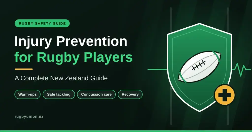 Graphic for a New Zealand guide to rugby injury prevention, showing a rugby ball on a green protective shield with a health badge and heartbeat line, beside topic labels for warm-ups, safe tackling, concussion care and recovery.