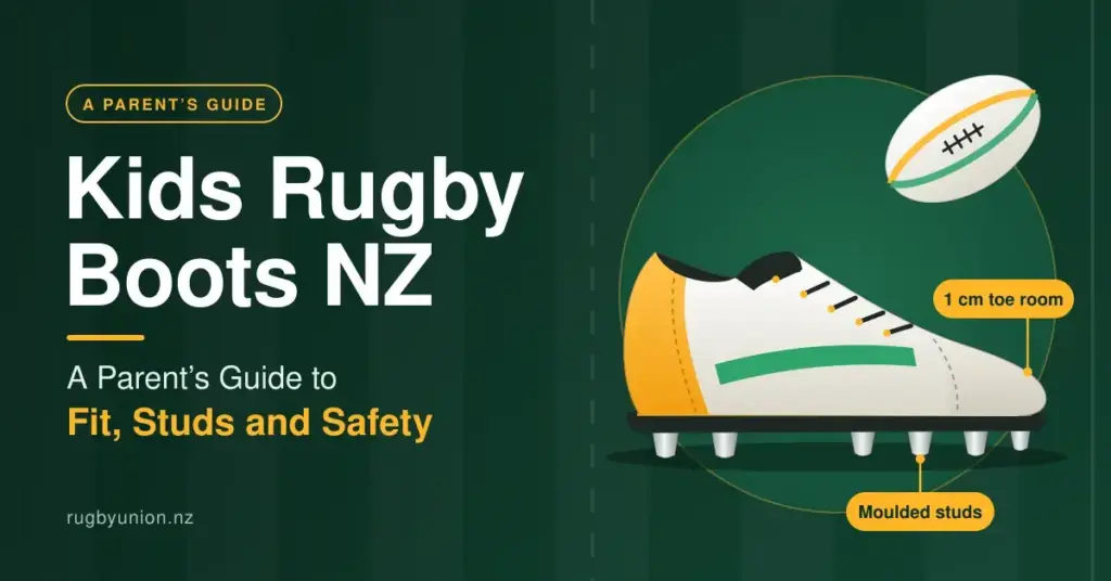 Illustration of a white and amber junior rugby boot with moulded studs on a green rugby pitch background, labelled to show 1 cm of toe room, beside the title Kids Rugby Boots NZ: A Parent’s Guide to Fit, Studs and Safety.