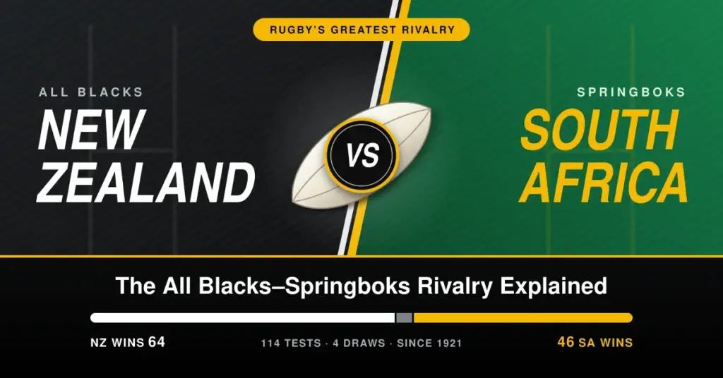 Split black-and-green graphic showing New Zealand versus South Africa with a rugby ball and VS badge, above a bar comparing the All Blacks and Springboks Test record since 1921: 64 New Zealand wins, 46 South African wins and 4 draws from 114 Tests.