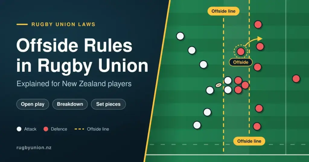 Illustration of a rugby union breakdown on a green pitch, with dashed offside lines through each team's hindmost foot and an offside defender being sent back, next to the title "Offside Rules in Rugby Union".
