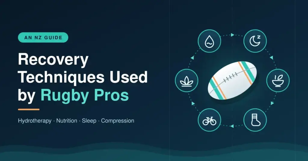 Illustrated graphic titled "Recovery Techniques Used by Rugby Pros – An NZ Guide", showing a rugby ball circled by icons for hydrotherapy, sleep, nutrition, compression, active recovery and mental restoration on a dark teal background.