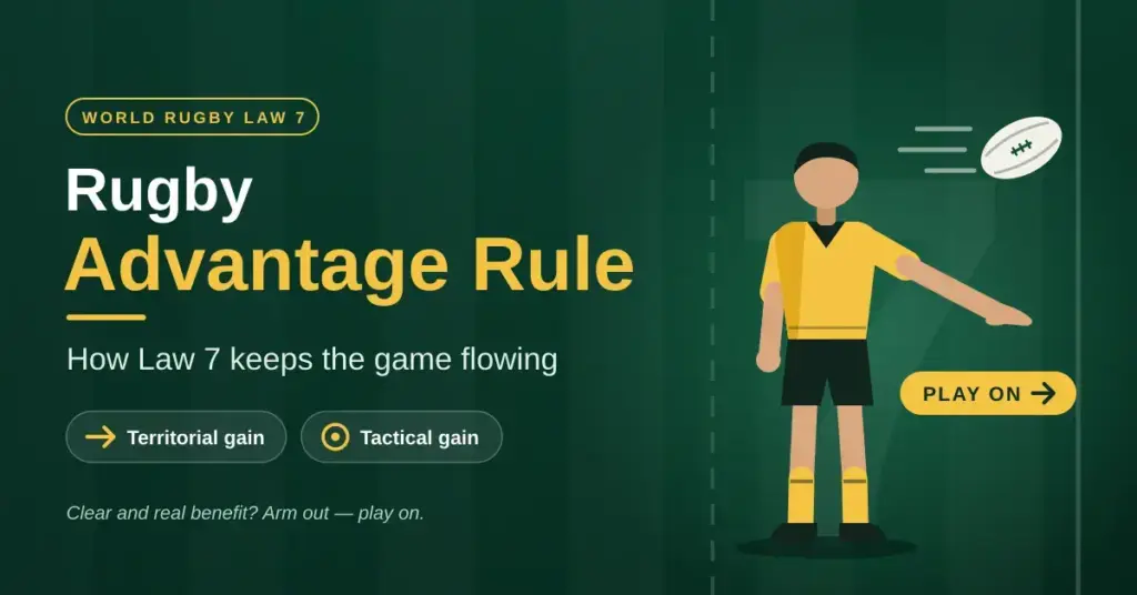 Illustration of a rugby referee on a green pitch holding one arm out to signal advantage as the ball flies on, next to the title "Rugby Advantage Rule: How Law 7 keeps the game flowing" with labels for territorial and tactical gain.