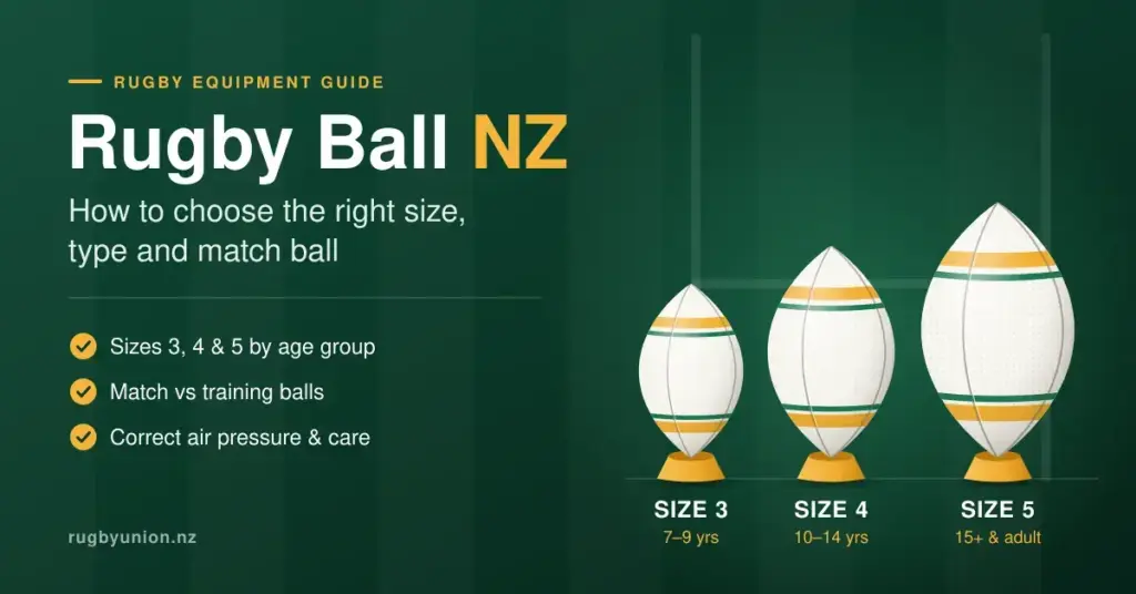 Illustration of three unbranded rugby balls on kicking tees in front of faint goalposts, showing Size 3 for ages 7–9, Size 4 for ages 10–14 and Size 5 for ages 15 and up, beside the heading "Rugby Ball NZ: How to choose the right size, type and match ball".