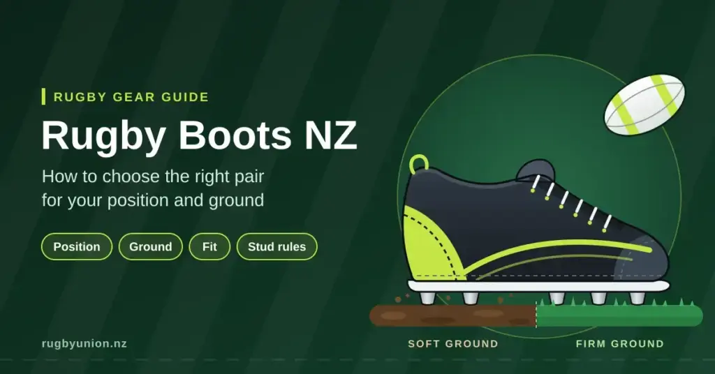 Illustrated rugby boot with studs standing on a split strip of muddy soft ground and firm turf, beside a rugby ball and the headline "Rugby Boots NZ: How to choose the right pair for your position and ground".