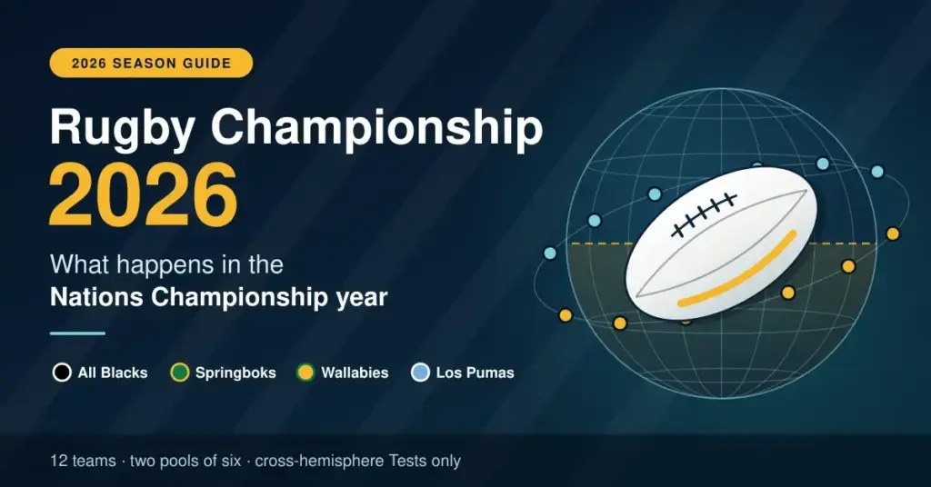 Graphic for a 2026 Rugby Championship guide showing a rugby ball in front of a globe split at the equator, with the text 'Rugby Championship 2026: What happens in the Nations Championship year' and colour markers for the All Blacks, Springboks, Wallabies and Los Pumas.