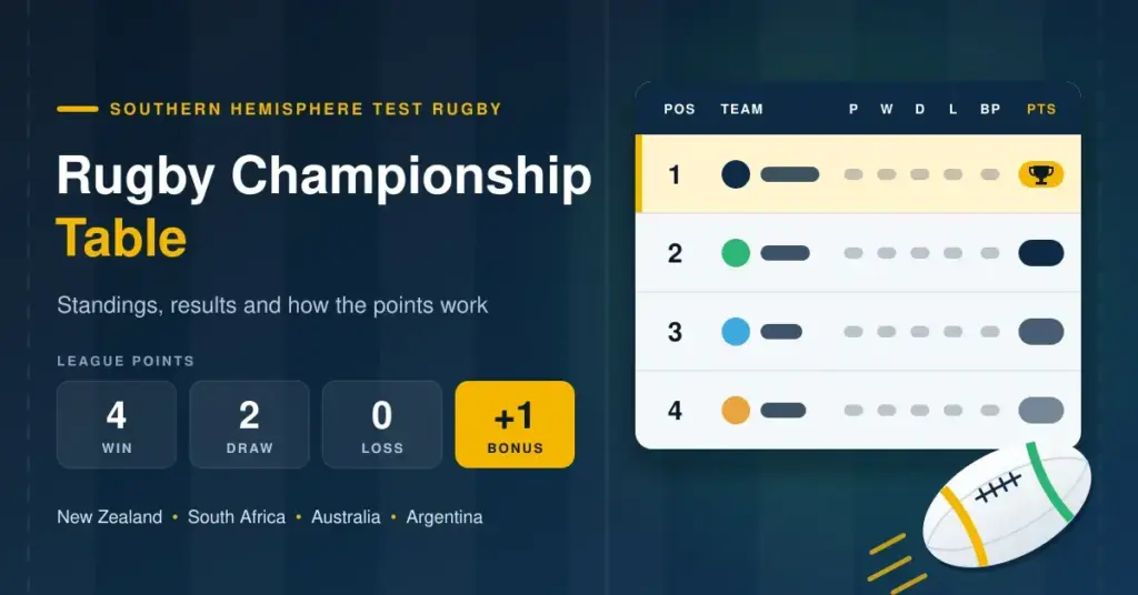 Illustrated Rugby Championship standings table with four ranked rows and a rugby ball, beside the points system (win 4, draw 2, loss 0, bonus +1) and the four competing nations: New Zealand, South Africa, Australia and Argentina.