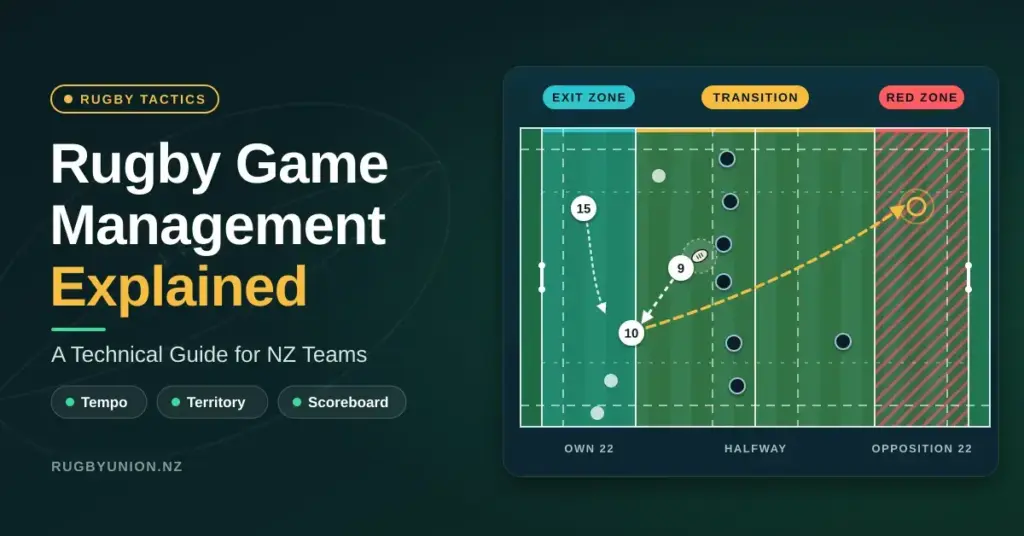 Graphic titled "Rugby Game Management Explained: A Technical Guide for NZ Teams" showing a top-down rugby pitch split into the exit zone, transition and red zone, with the halfback passing to the first five-eighth, who kicks into the red zone while the fullback covers behind.