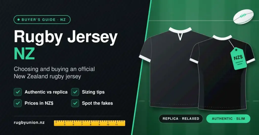 Illustrated guide graphic titled "Rugby Jersey NZ" showing a relaxed-fit replica and a slim-fit authentic black rugby jersey with a green NZ$ price tag on a rugby pitch, alongside tips on authentic vs replica, sizing, prices and spotting fakes.