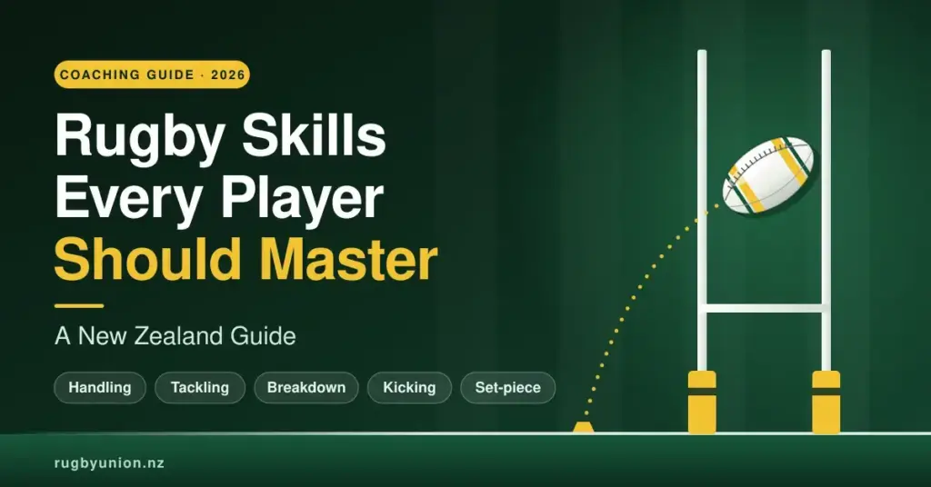Illustration of a rugby ball kicked from a tee rising between white goal posts on a dark green pitch, beside the title "Rugby Skills Every Player Should Master: A New Zealand Guide" and labels for handling, tackling, breakdown, kicking and set-piece.
