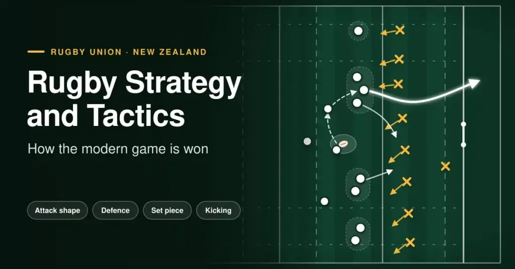Tactics-board graphic of a rugby pitch showing an attacking team in a 1-3-2-2 pod shape breaking through a rushing defensive line towards the try line, beside the title "Rugby Strategy and Tactics: How the modern game is won".
