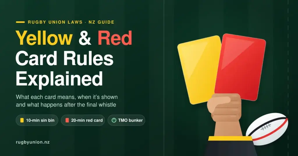 Illustration of a referee's hand raising a yellow card and a red card beside a rugby ball on a dark green pitch, with the heading "Yellow & Red Card Rules Explained" and labels for the 10-minute sin bin, 20-minute red card and TMO bunker.