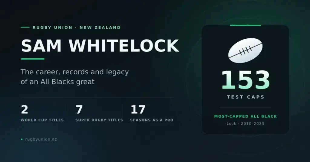 Dark graphic headed "Sam Whitelock — the career, records and legacy of an All Blacks great", with a rugby ball and a card reading 153 Test caps, most-capped All Black, beside stats for two World Cup titles, seven Super Rugby titles and 17 seasons as a pro.