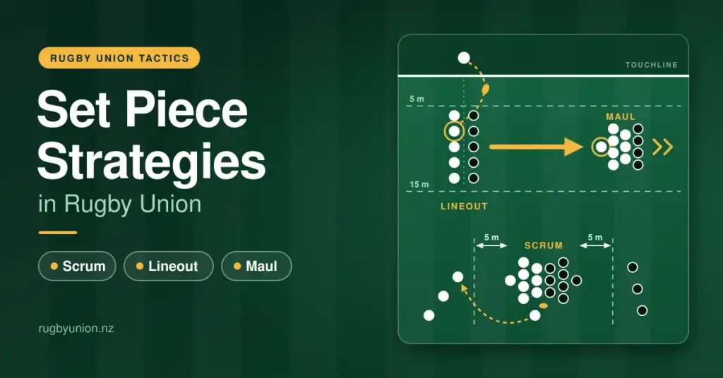 Featured graphic for "Set Piece Strategies in Rugby Union" showing a green tactics board with a lineout driving into a rolling maul and a scrum with 5-metre offside lines, next to the headline and labels for scrum, lineout and maul.