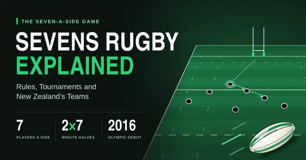 Graphic titled “Sevens Rugby Explained: Rules, Tournaments and New Zealand’s Teams”, showing a stylised green rugby pitch with goalposts, seven players in an attacking line and a rugby ball, alongside the facts of seven players a side, two seven-minute halves and an Olympic debut in 2016.