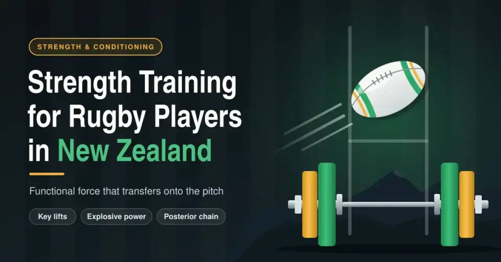 Graphic for a guide to strength training for rugby players in New Zealand, showing a rugby ball flying between goal posts above a loaded barbell with green and gold plates, set against a dark background with mountain silhouettes.