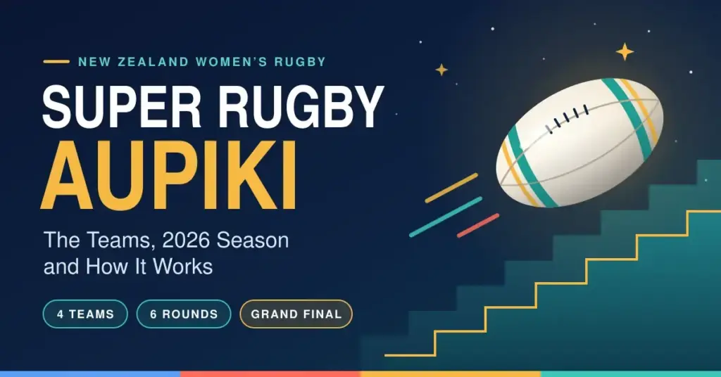 Graphic for Super Rugby Aupiki with the title and the subtitle “The Teams, 2026 Season and How It Works”, with a rugby ball rising over golden-edged steps into a starry night sky and badges reading 4 teams, 6 rounds and grand final.