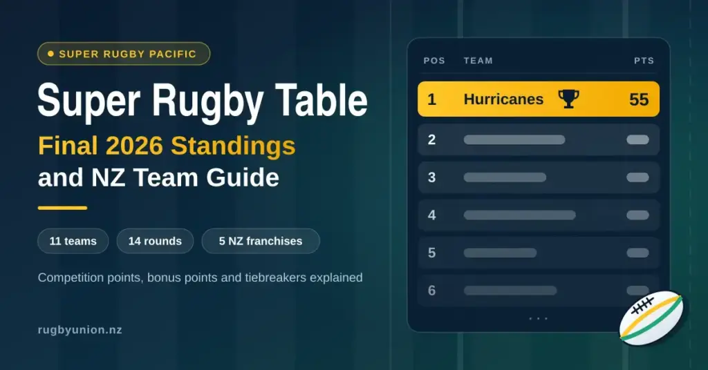 Graphic for the Super Rugby Table 2026 guide, showing a stylised ladder with the Hurricanes in first place on 55 points, next to the headline 'Final 2026 Standings and NZ Team Guide' and a rugby ball.