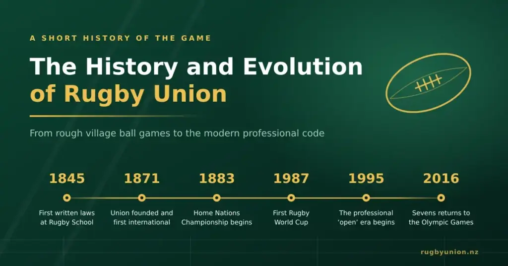 Illustrated banner titled “The History and Evolution of Rugby Union”, showing a gold rugby ball on a dark green background above a timeline of key milestones from 1845 to 2016.