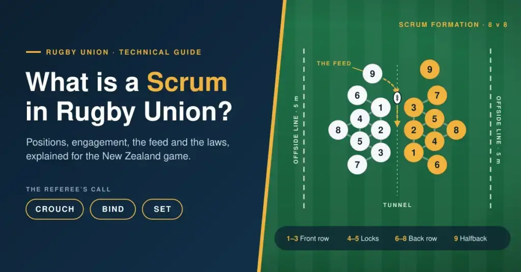 Diagram of a rugby union scrum seen from above, next to the title “What is a Scrum in Rugby Union?”, showing two eight-player packs numbered 1 to 8, the halfback feeding the ball into the tunnel and the 5-metre offside lines.